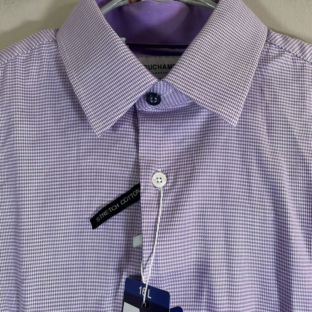 Duchamp London Men's Slim Fit Cotton Stretch Shirt, Deep Purple, Size 16 Large